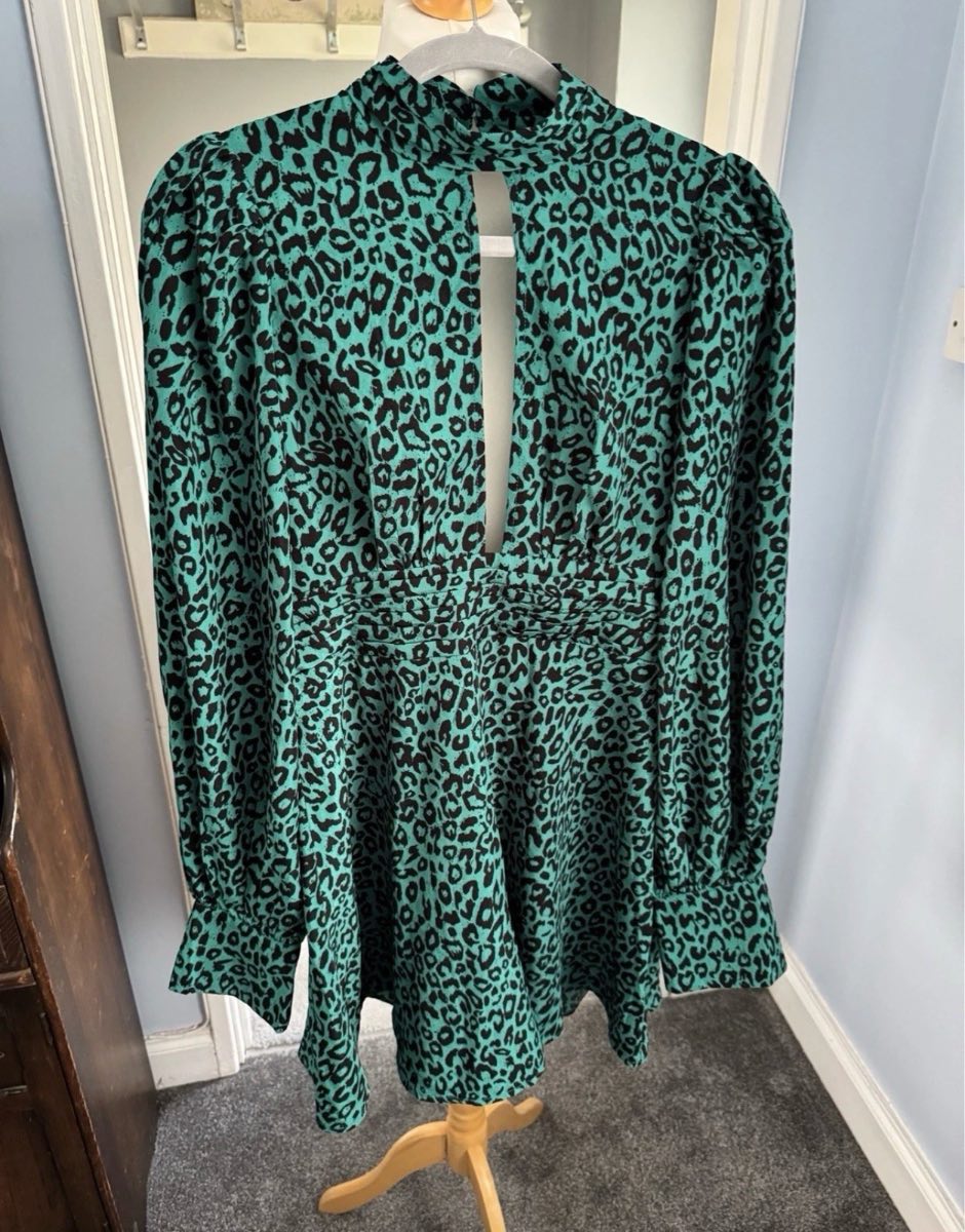 Double Crazy Mini Dress Green Leopard Print UK 10–12 (M) High Neck Summer Party