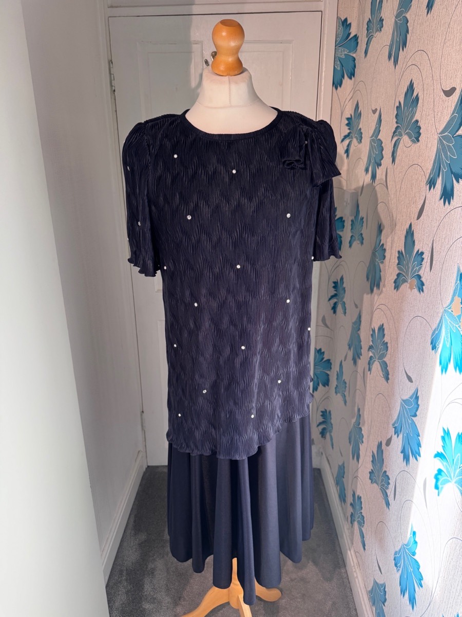 Vintage Hamells Occasion Dress Navy Blue UK 16 Pleated Embellished Layered