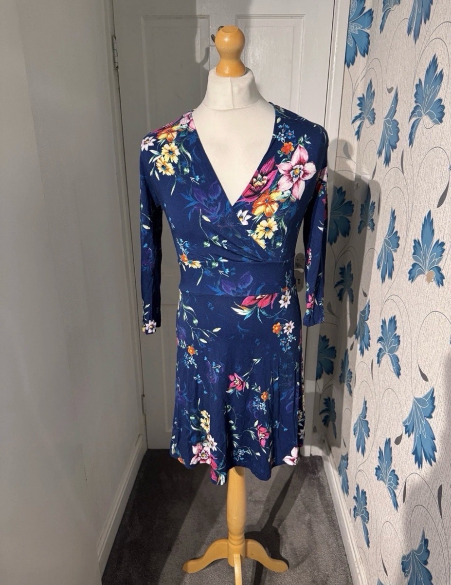 Joe Browns Summer Skater Dress Navy Floral UK 10 Faux Wrap Jersey