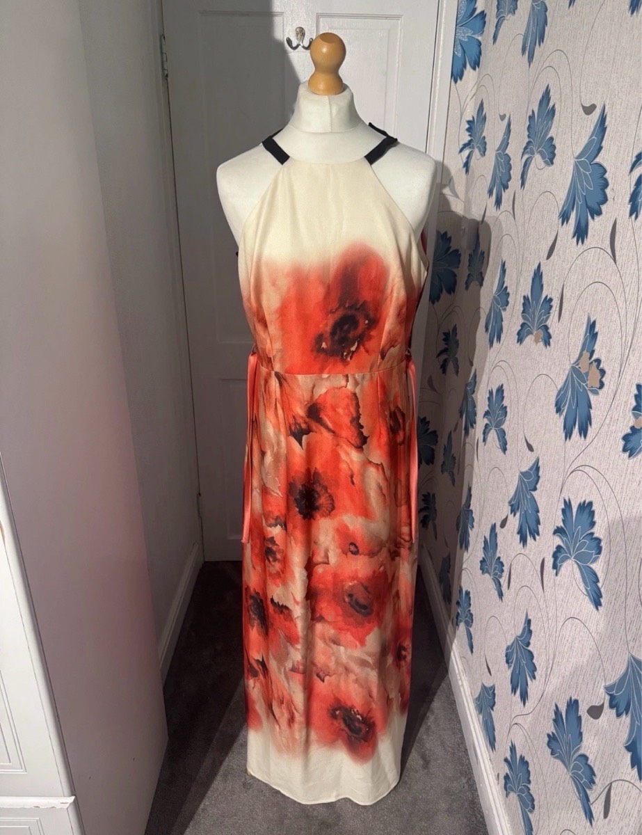 Little Mistress Maxi Dress Cream Floral UK 18 Lace Up Back Occasion Summer BNWT
