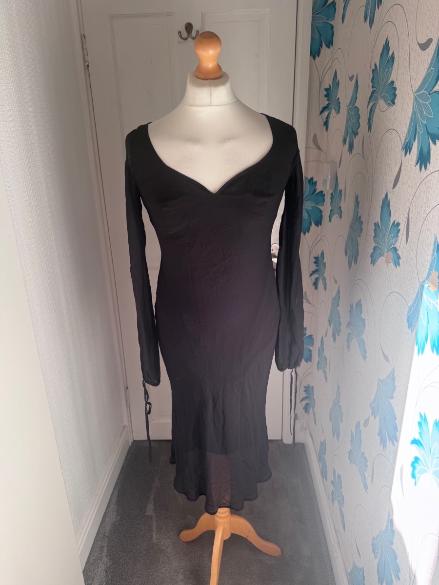 Warehouse Midi Dress Black UK 14 100% Silk Sheer Long Sleeve Occasion