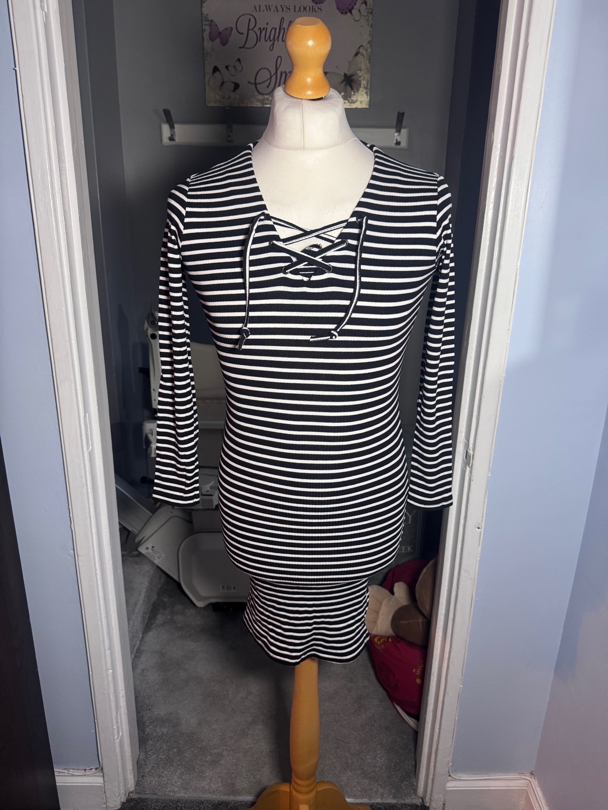 Miss Selfridge Striped Bodycon Mini Dress Black White UK 10 Lace Up BNWT