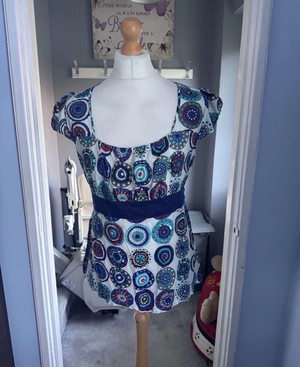 Red Herring Blouse Top White Blue UK 18 Cotton Silk Tie Waist Summer Boho