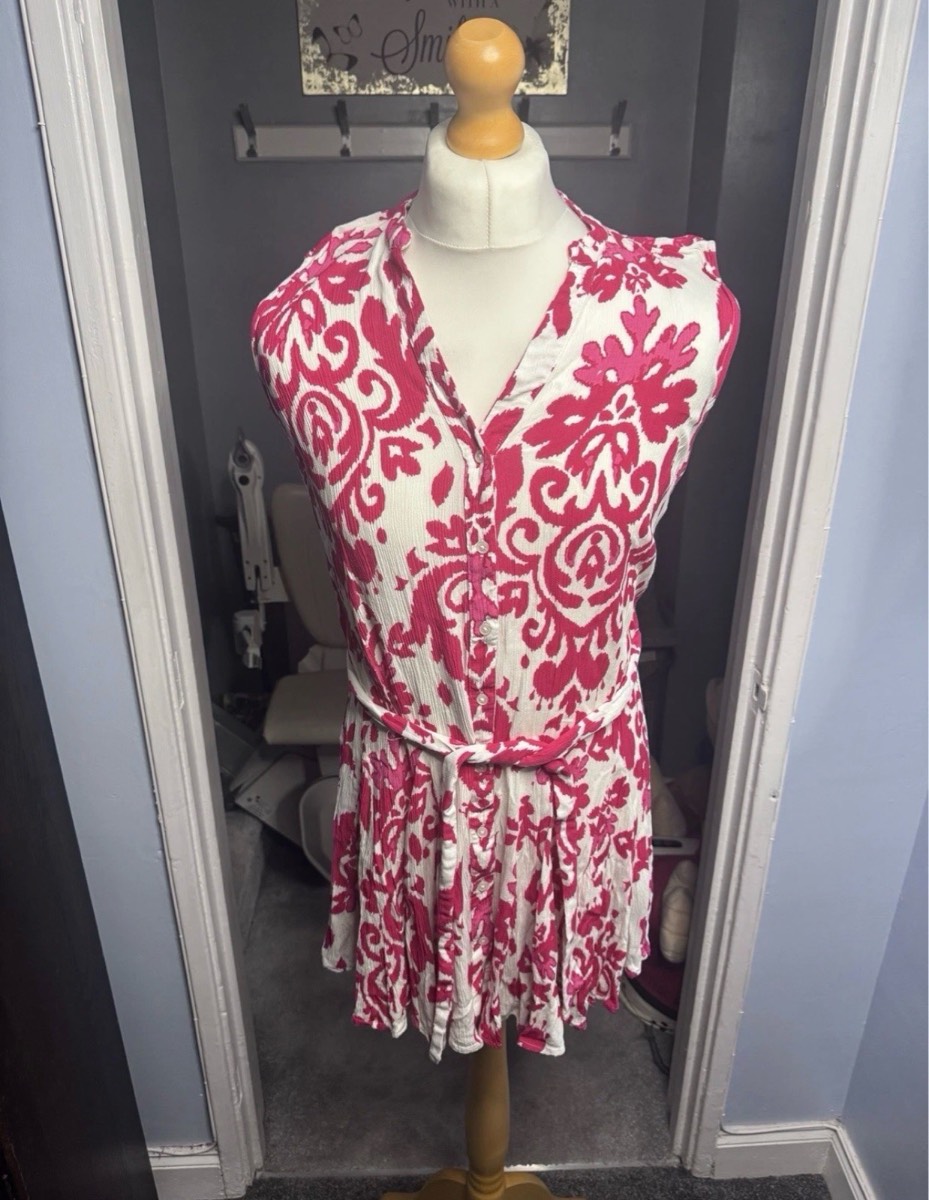 Lipsy London Mini Shirt Dress Pink White Floral UK 12 Belted Sleeveless Viscose