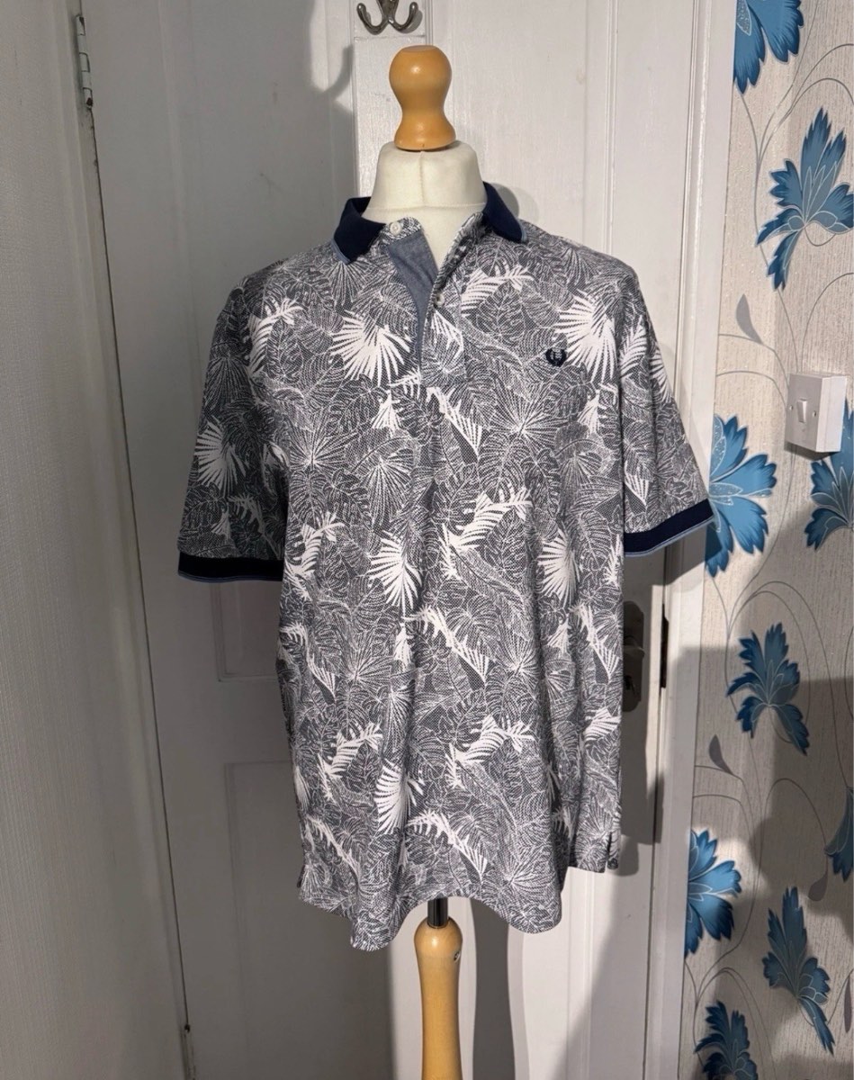 Lincoln Polo Shirt Grey Tropical Leaf Print Large Summer Smart Casual