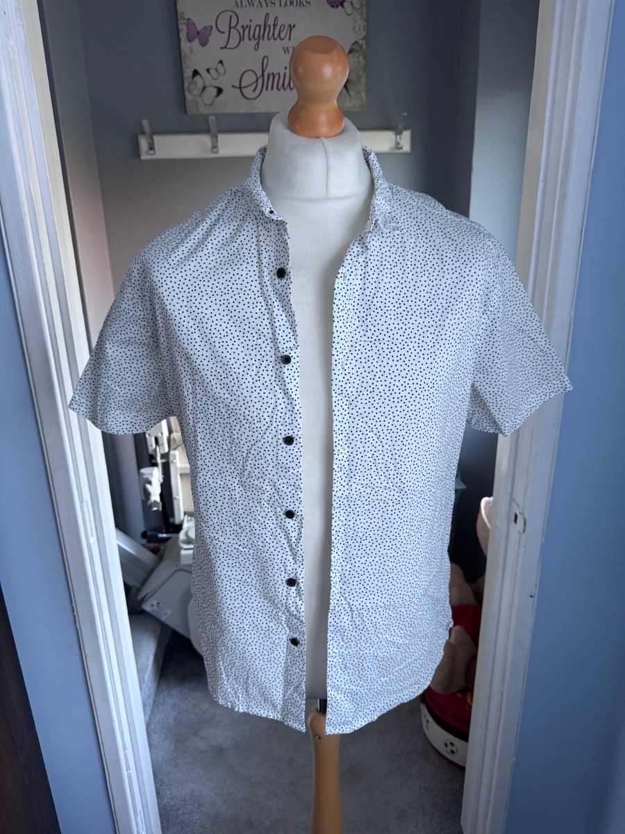 New Look Men Short Sleeve Shirt White Black Polka Dot Large 100% Cotton Summer