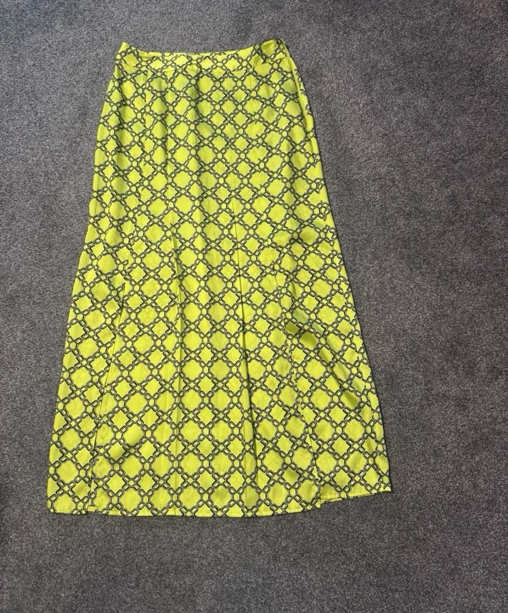 River Island A-Line Midi Skirt Lime Green Chain Print UK 8 Satin Feel