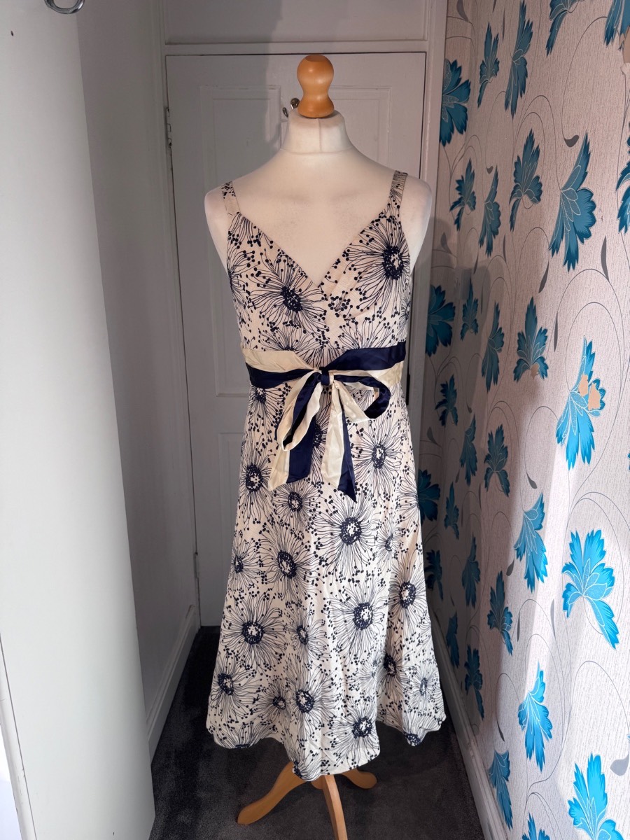 Kaliko Floral Midi Dress Cream Navy UK 18 Silk Linen Occasion Summer