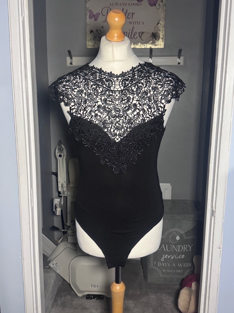 Lipsy Lace Bodysuit, Black, UK 12 (EU 38) Sheer Crochet Occasion Party