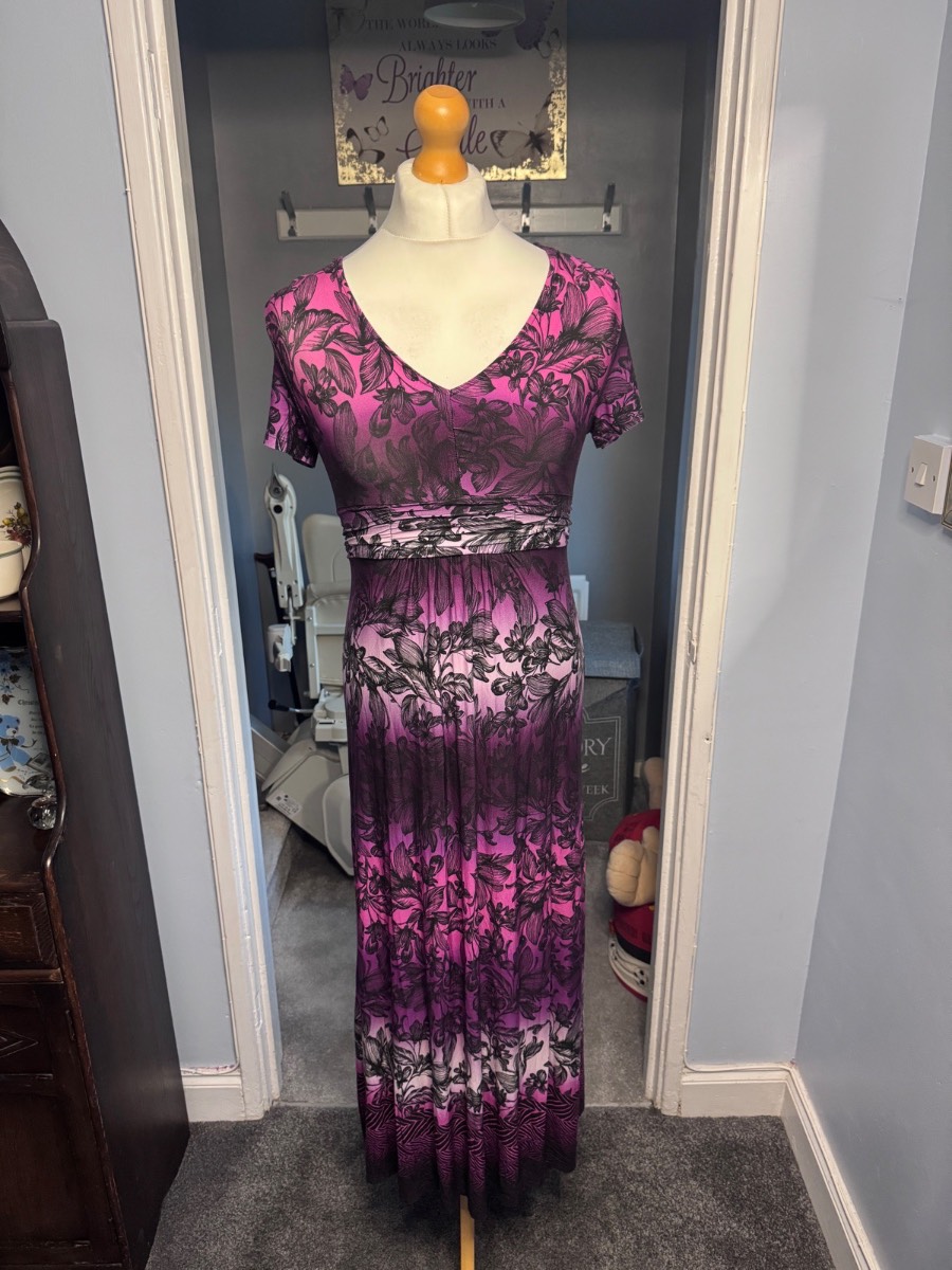 Per Una Maxi Dress Pink Purple Floral UK 8 V Neck Stretch Summer Occasion