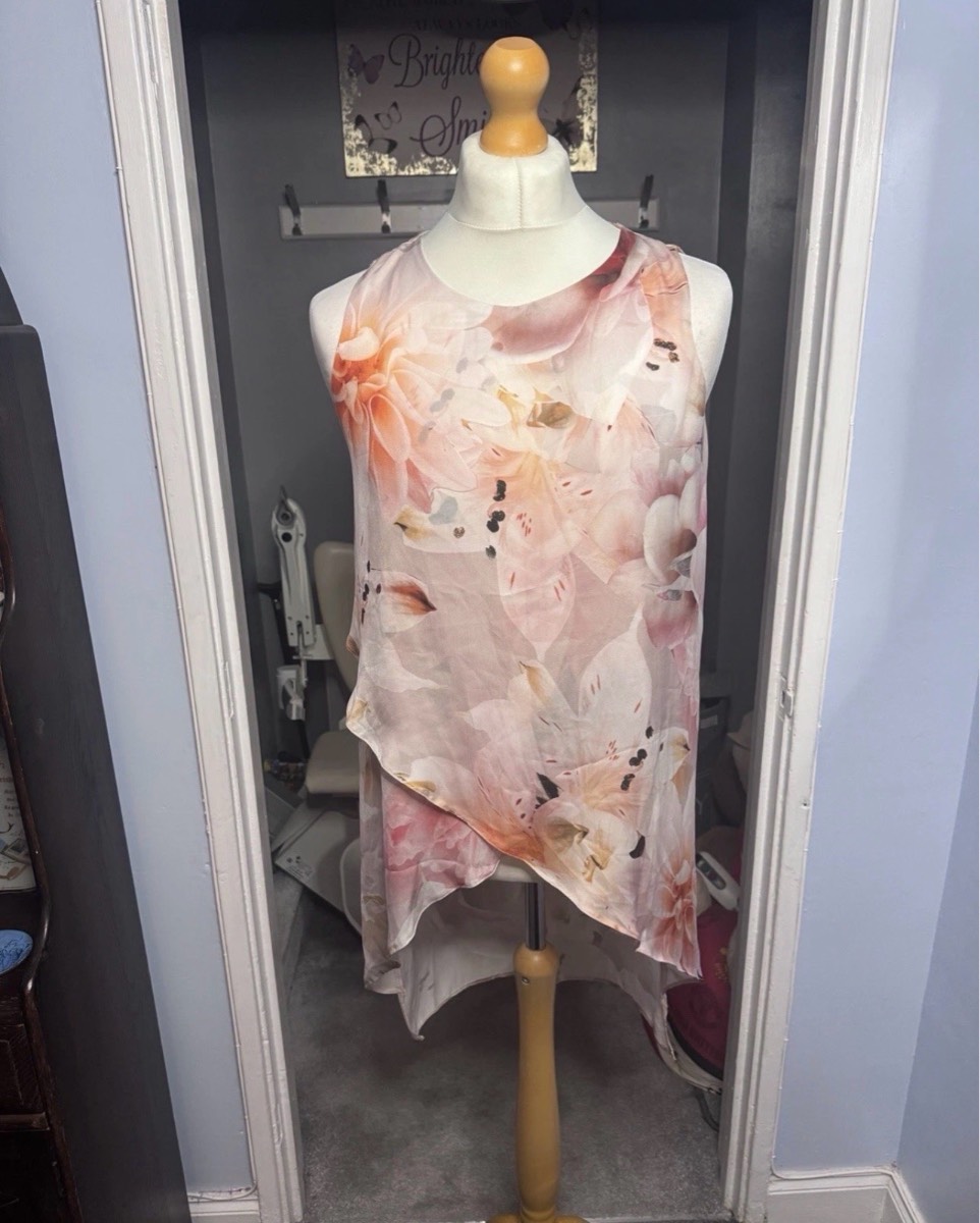 Wallis Floral Overlay Blouse Vest Top Pink UK 12 Sleeveless Chiffon Occasion Summer