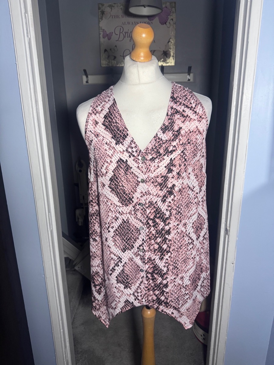 Roman Sleeveless Blouse Pink Snake Print UK 16 Button Front V Neck