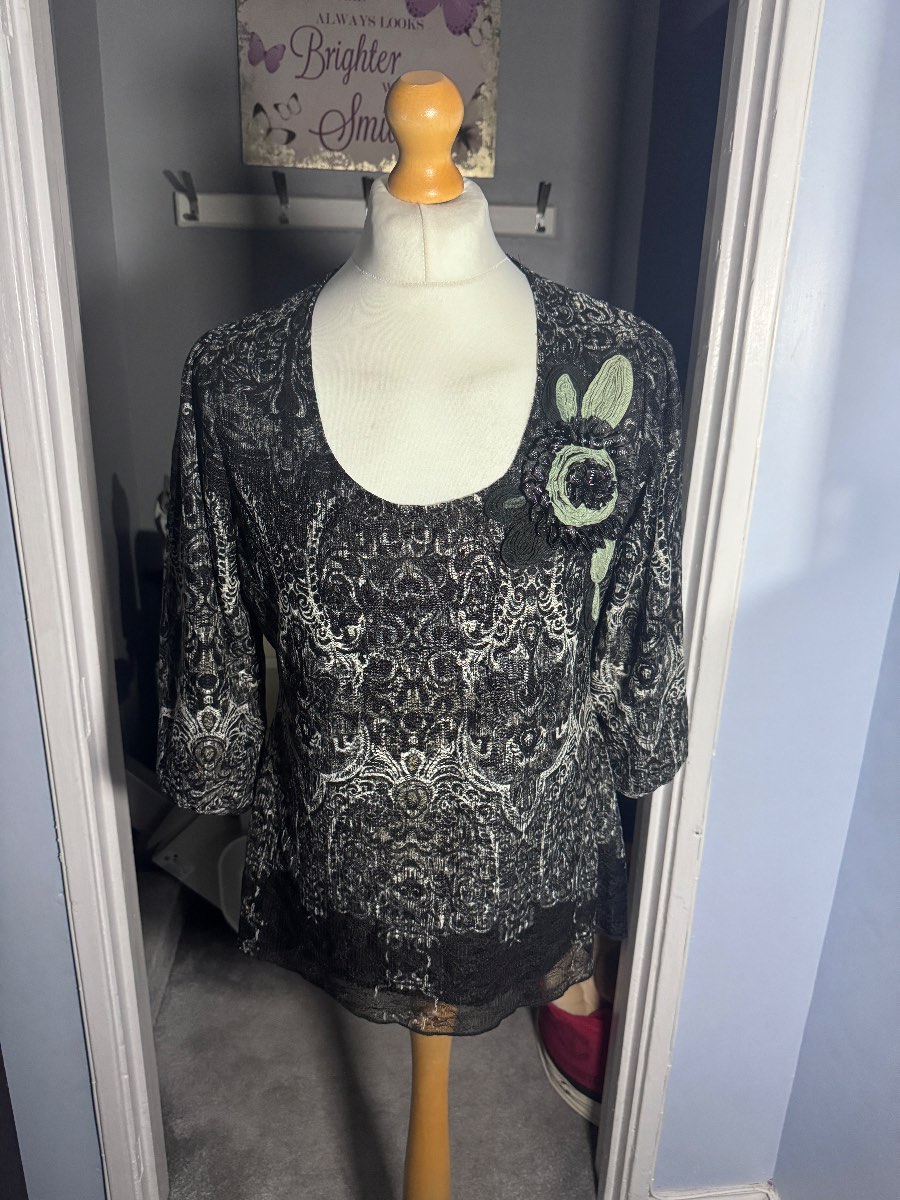 M&S Per Una Sheer Floral Top Black Grey UK16 Embellished Layered Blouse