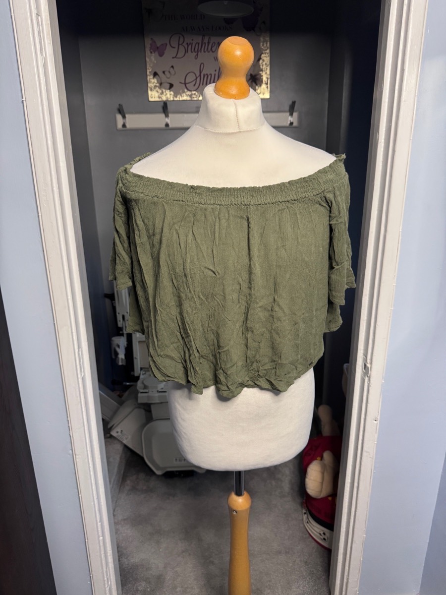 Superdry Bardot Crop Top Khaki Green Size M Off Shoulder Flared Sleeve Summer