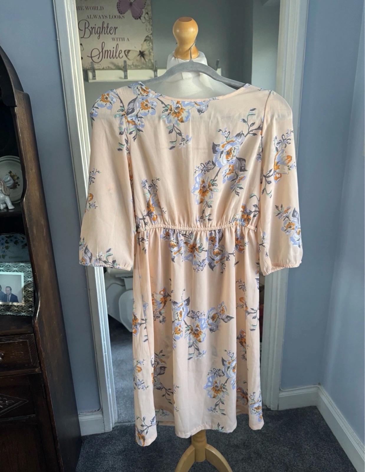 H&M Floral Midi Dress Peach UK 8 Blue Flower Print Summer 3/4 Sleeve
