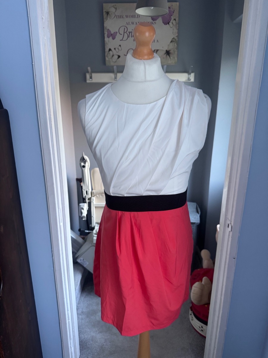 AX Paris Skater Dress White Coral Pink UK 14 Colour Block Occasion Summer Dress