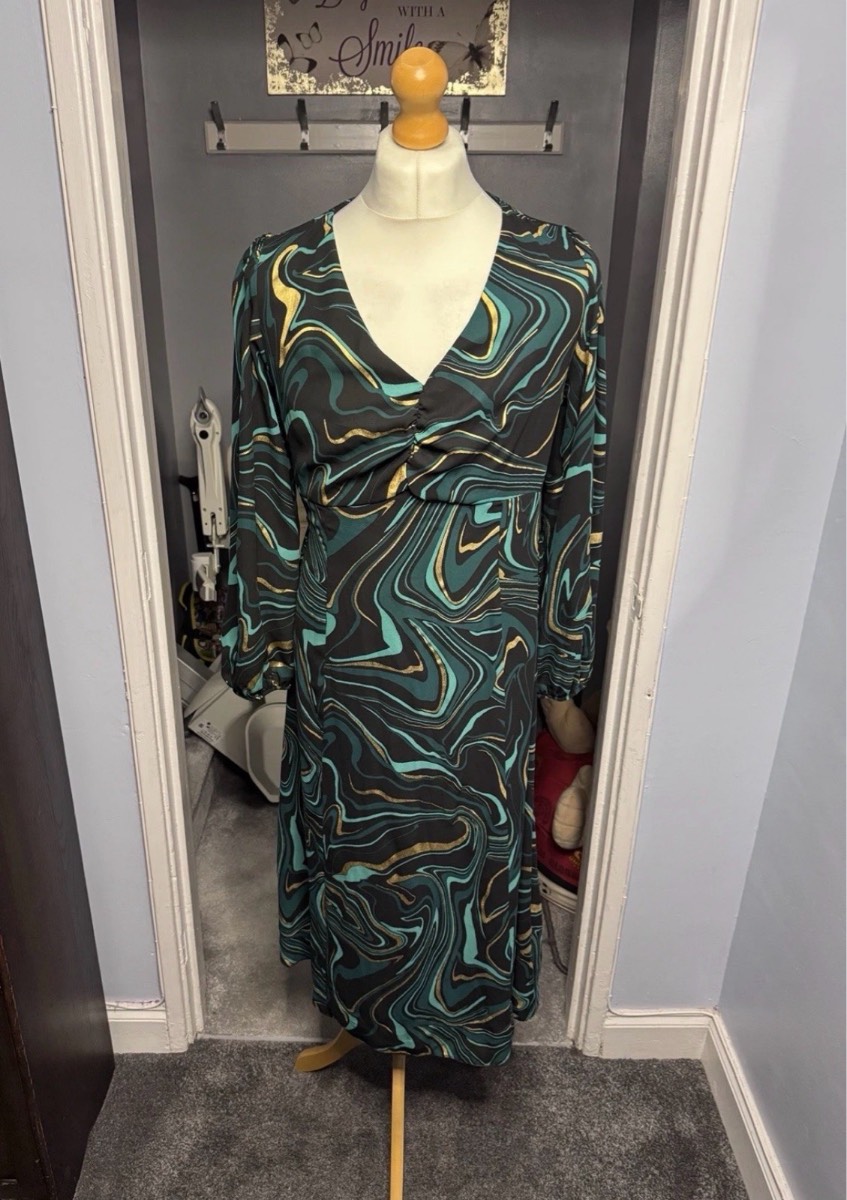 Roman Occasion Midi Dress UK 16 Black Teal Gold Wedding Guest Party Evening