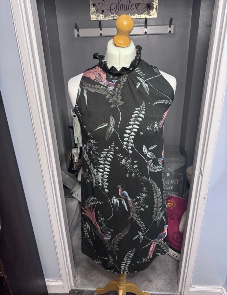 Next Shift Dress Black Bird Print UK 8 Ruffle Neck Sleeveless Summer