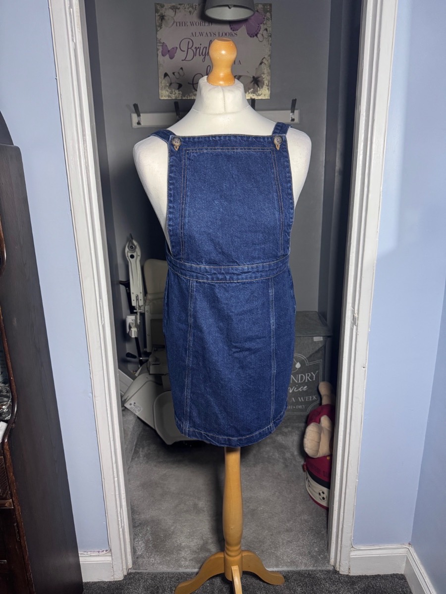 Topshop Moto Denim Pinafore Dress Blue UK 12 Mini Zip Back Cotton Dress