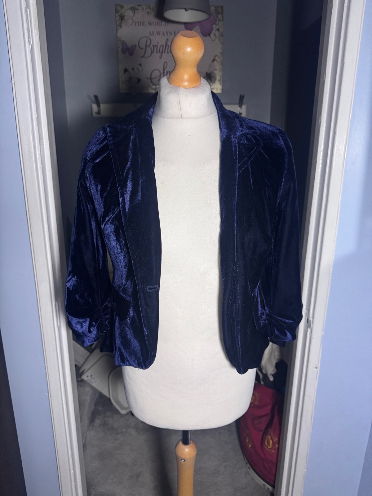 New Look Navy Velvet Blazer Jacket UK 14 Ruched Sleeves Party