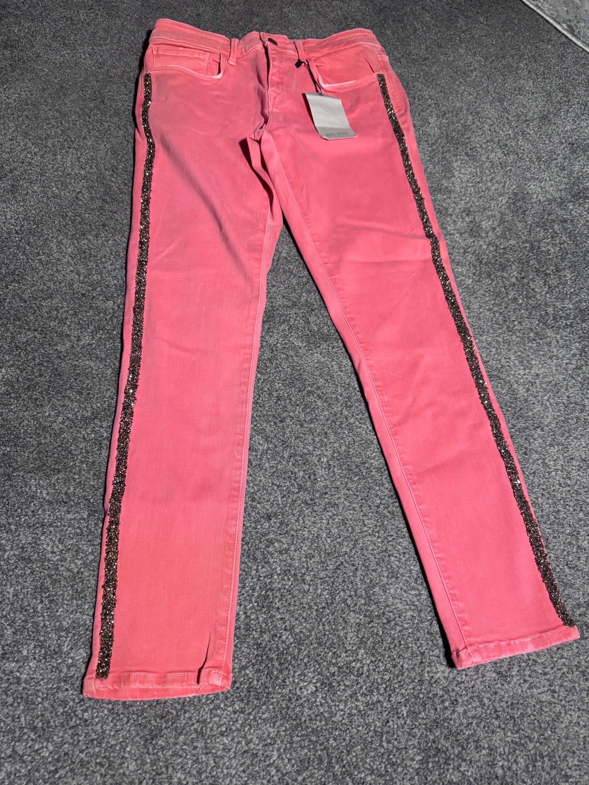 Zara Basic Coral Pink Skinny Jeans UK 12 Rhinestone Side Stripe BNWT