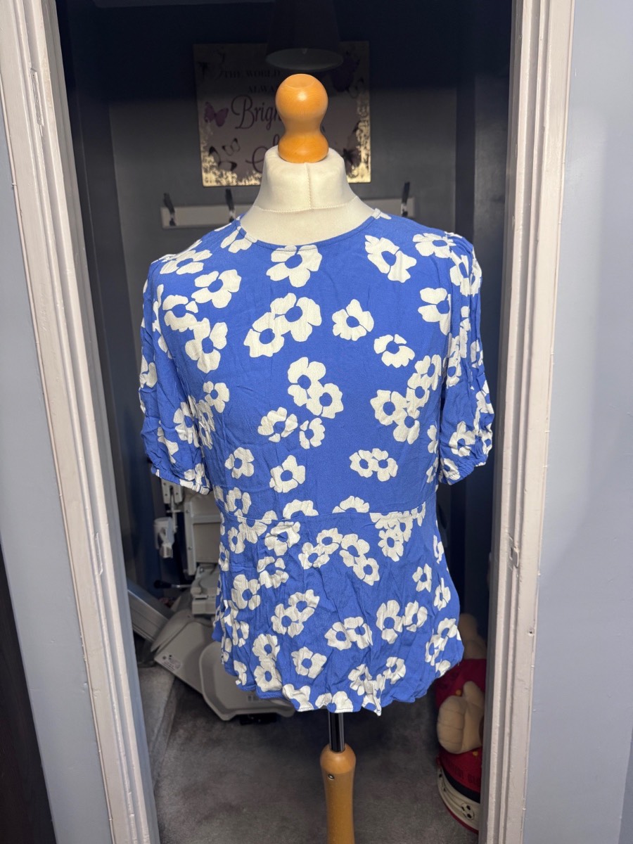 M&S Collection Peplum Blouse Blue Floral UK 18 Summer 100% Viscose