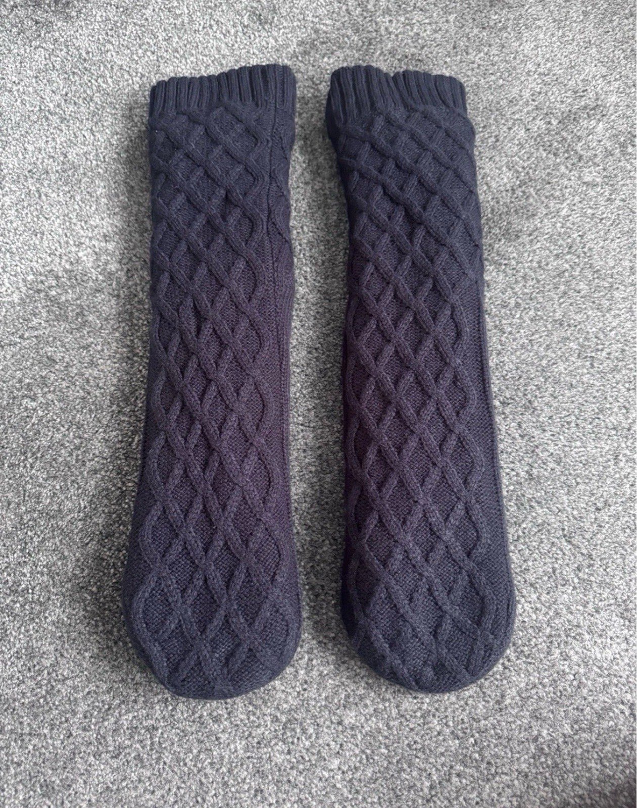 Home Bargains Navy Cable Knit Slipper Socks One Size Sherpa Lined Gripper