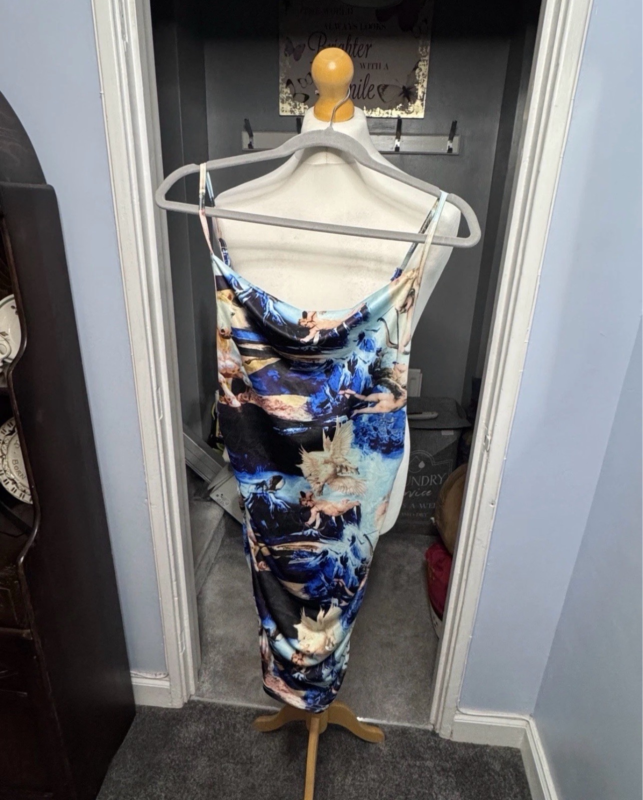 SHEIN Cowl Neck Midi Dress Blue Angel Renaissance Print M UK 10–12 Y2K