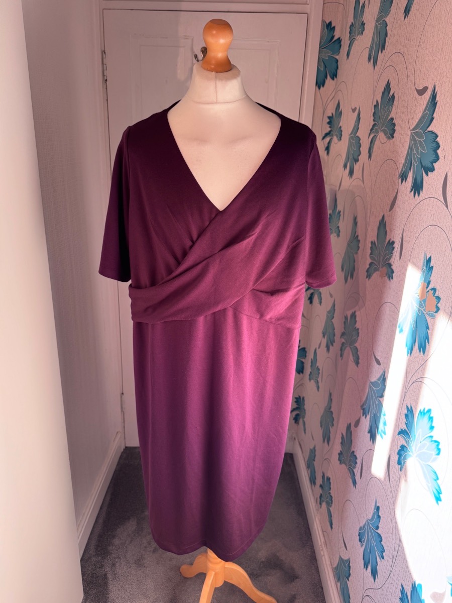 Lands’ End Wrap Dress Plum Purple UK 28-30 3X Stretch Midi Smart Summer