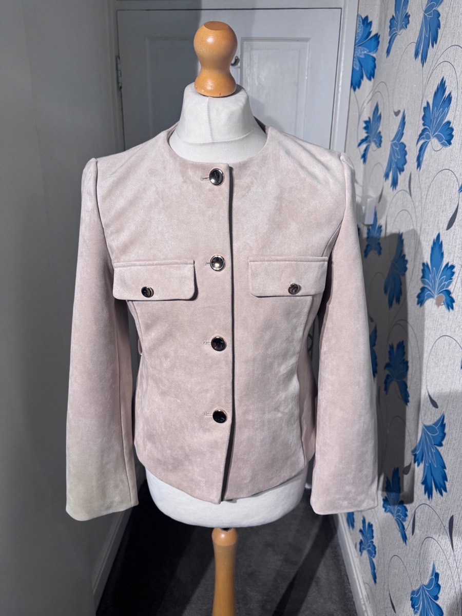 Zara Faux Suede Jacket Beige UK 12-14 (L) Collarless Military Style BNWT