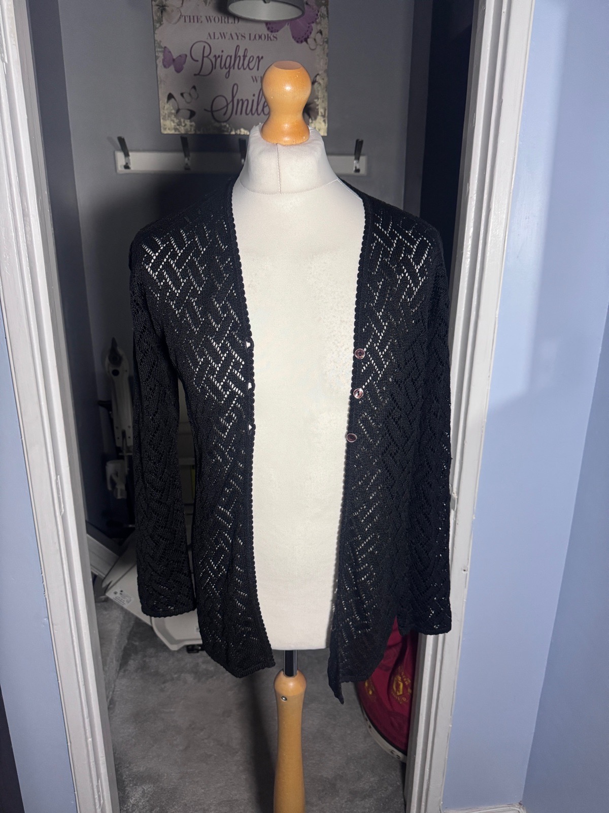 Vintage Berkertex Cardigan Black UK 10–12 Openwork Crochet Knit Longline