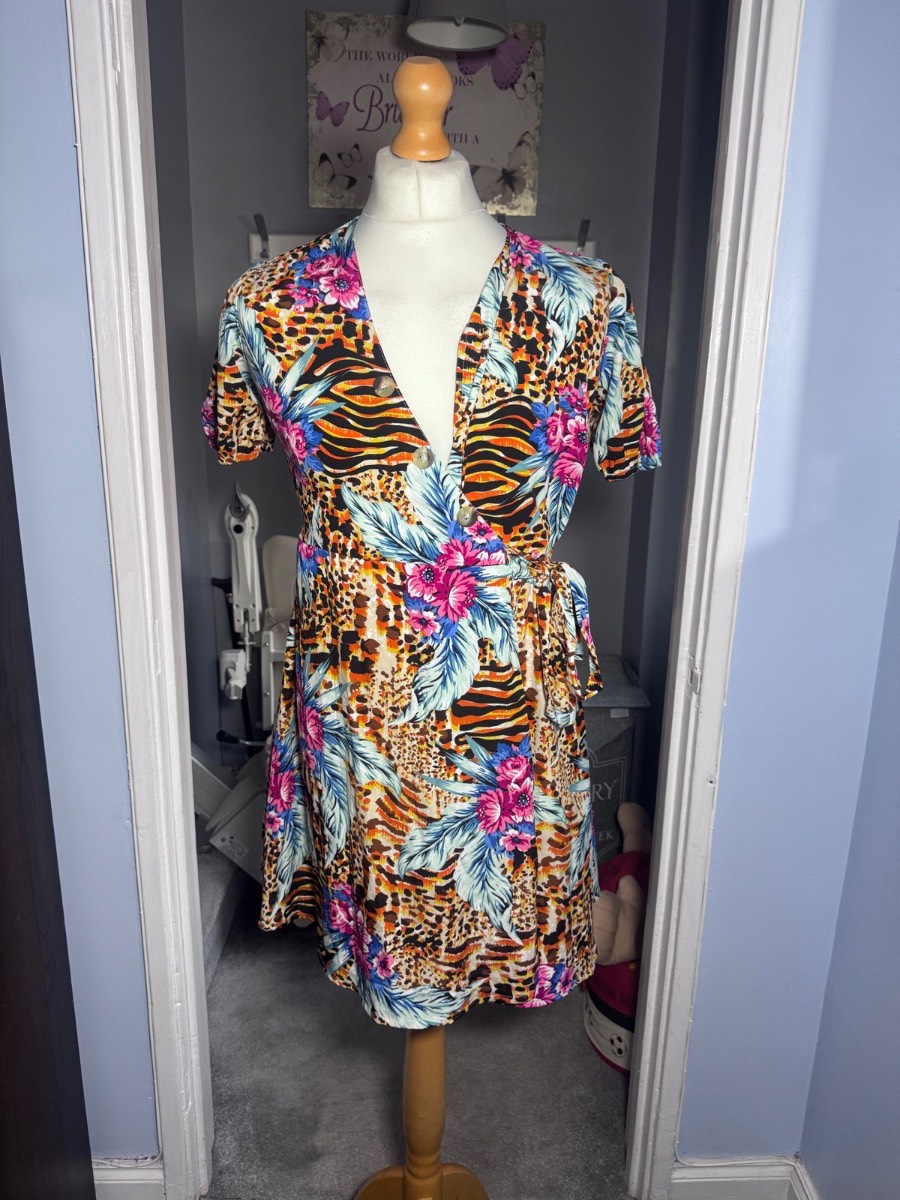 QED London Wrap Mini Dress Multicolour Animal Floral Print UK 12 Summer Tie Waist