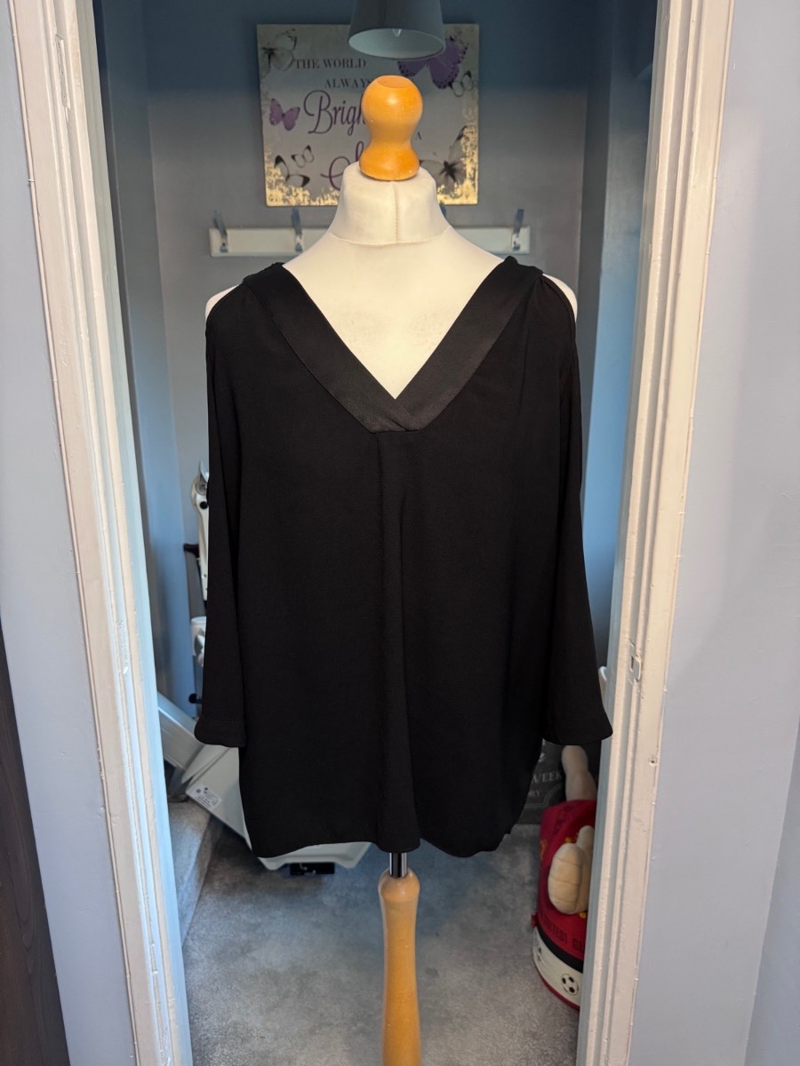 River Island Cold Shoulder Blouse Black UK 16 Open Back Smart Top