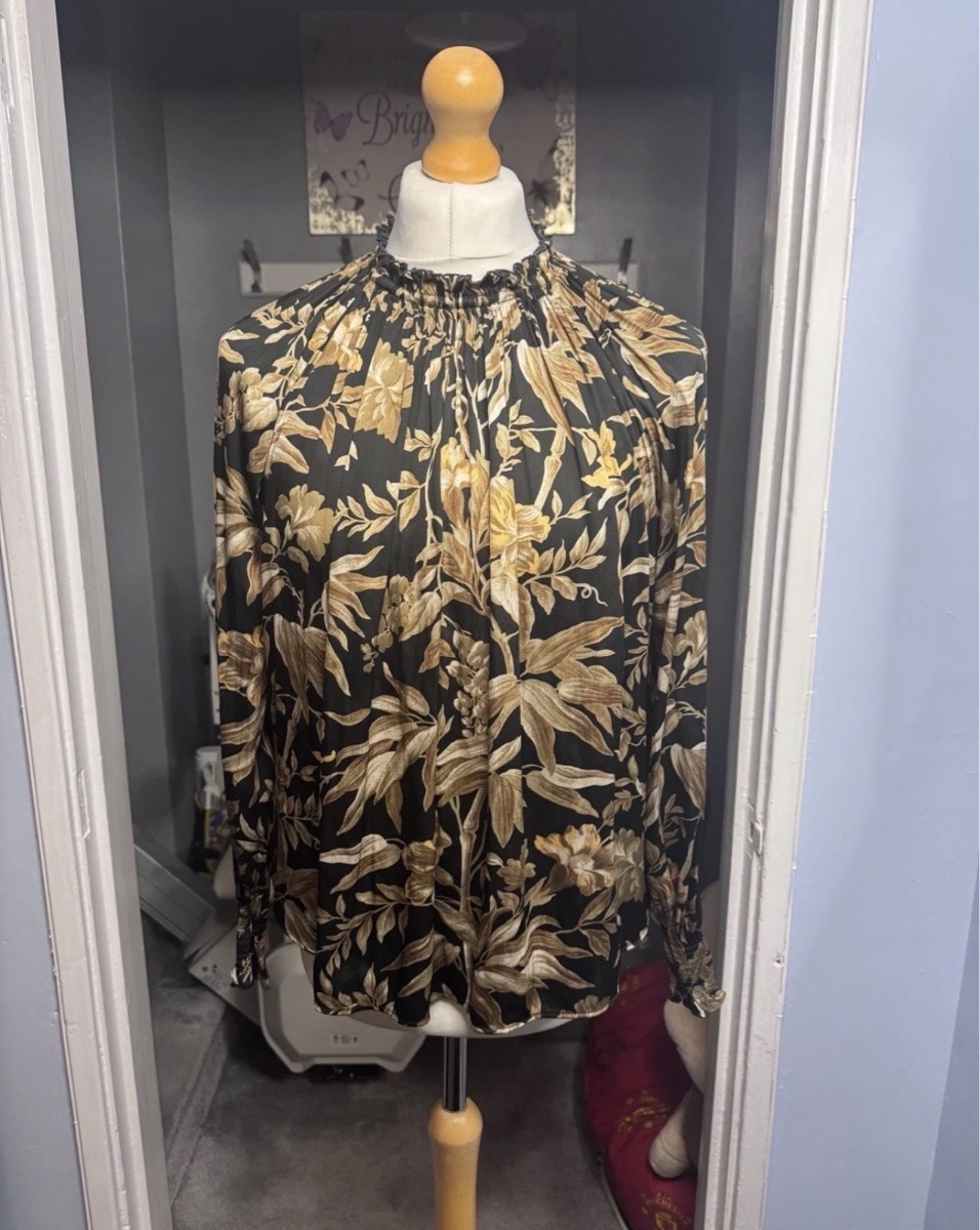 H&M Floral Blouse Black Beige UK 14 High Neck Long Sleeve Ruffle Cuffs