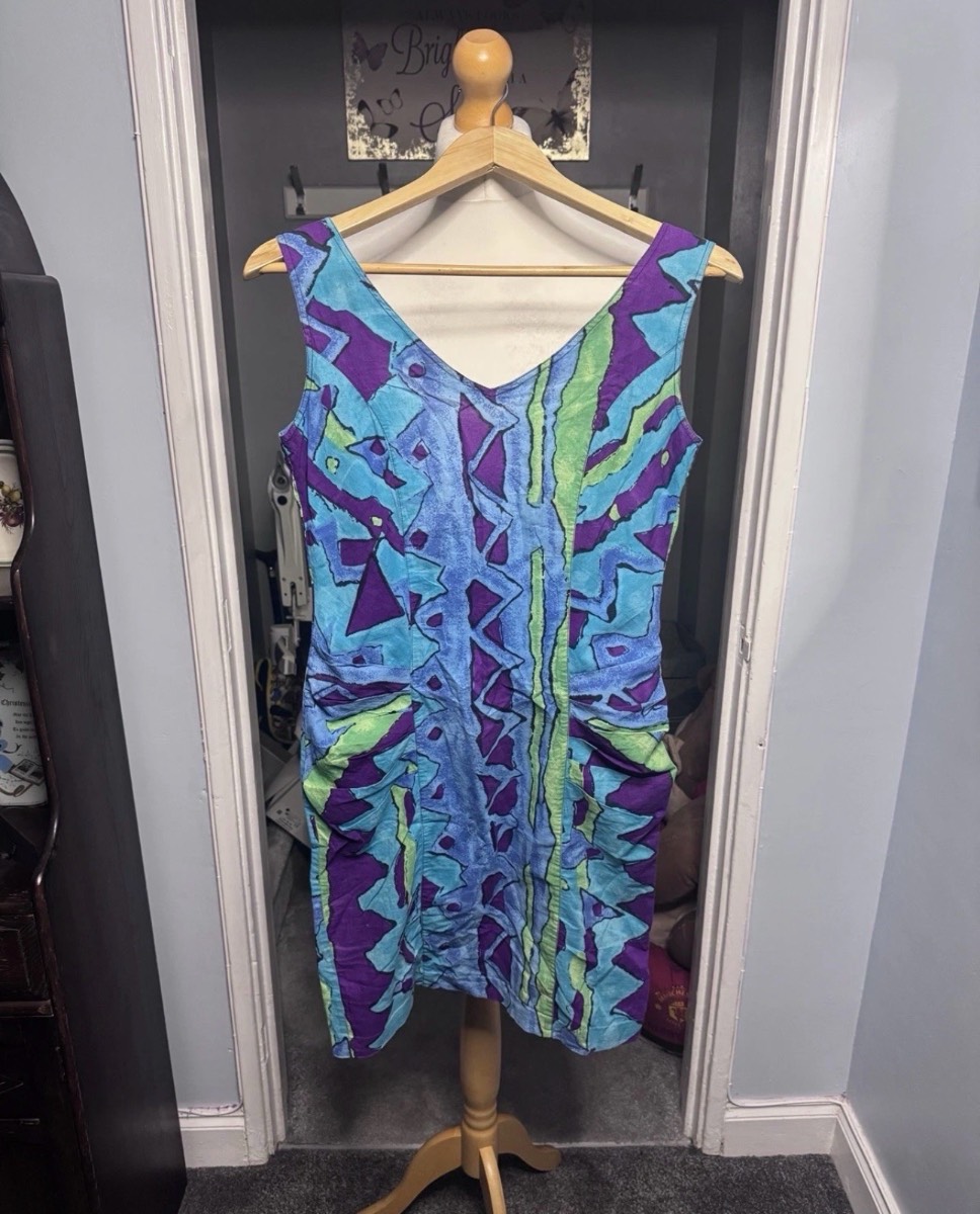 Vintage Monsoon Summer Mini Dress Blue Purple Abstract Print UK 12 100% Cotton