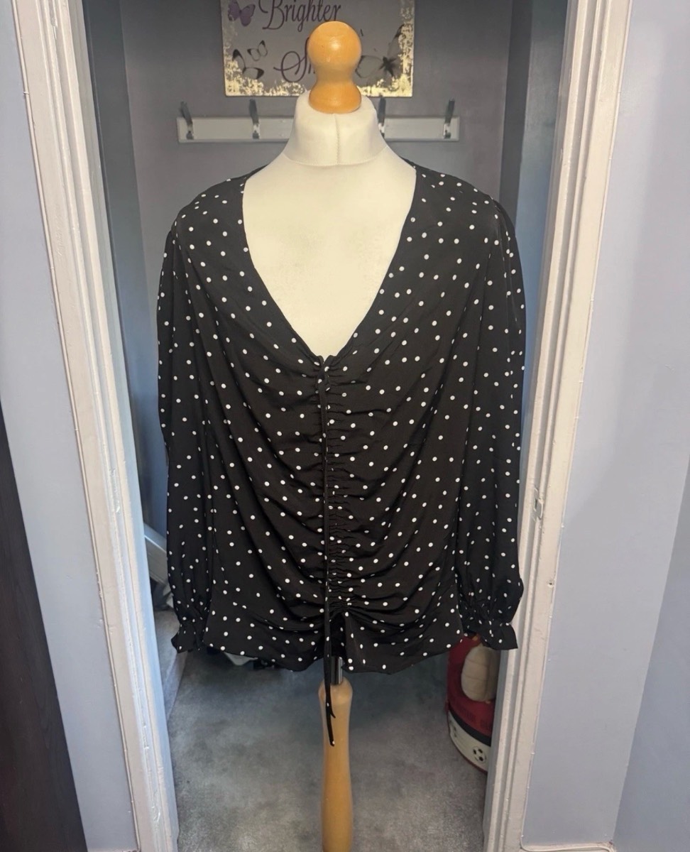 Missguided Plus Ruched Peplum Blouse Black Polka Dot UK 20 Long Sleeve Top
