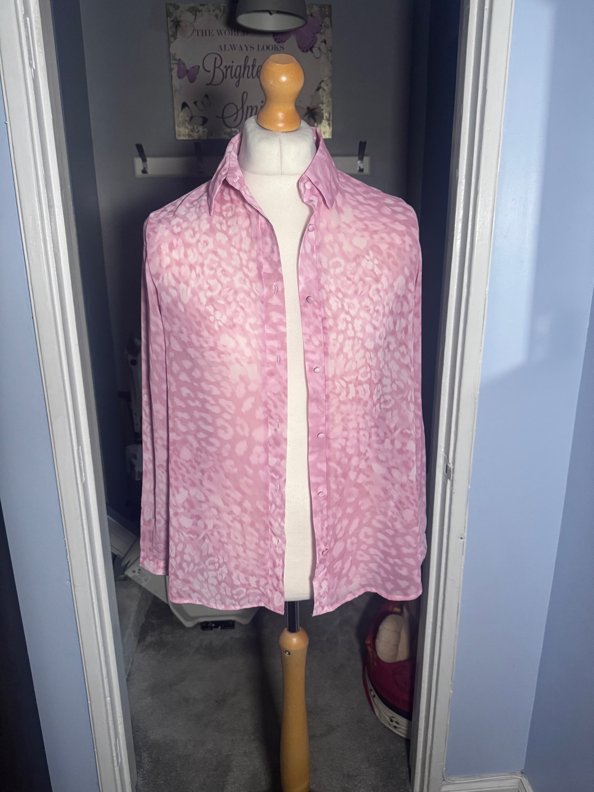 Lipsy London Sheer Shirt Blouse, Pink Animal Print, UK 12, Satin Feel