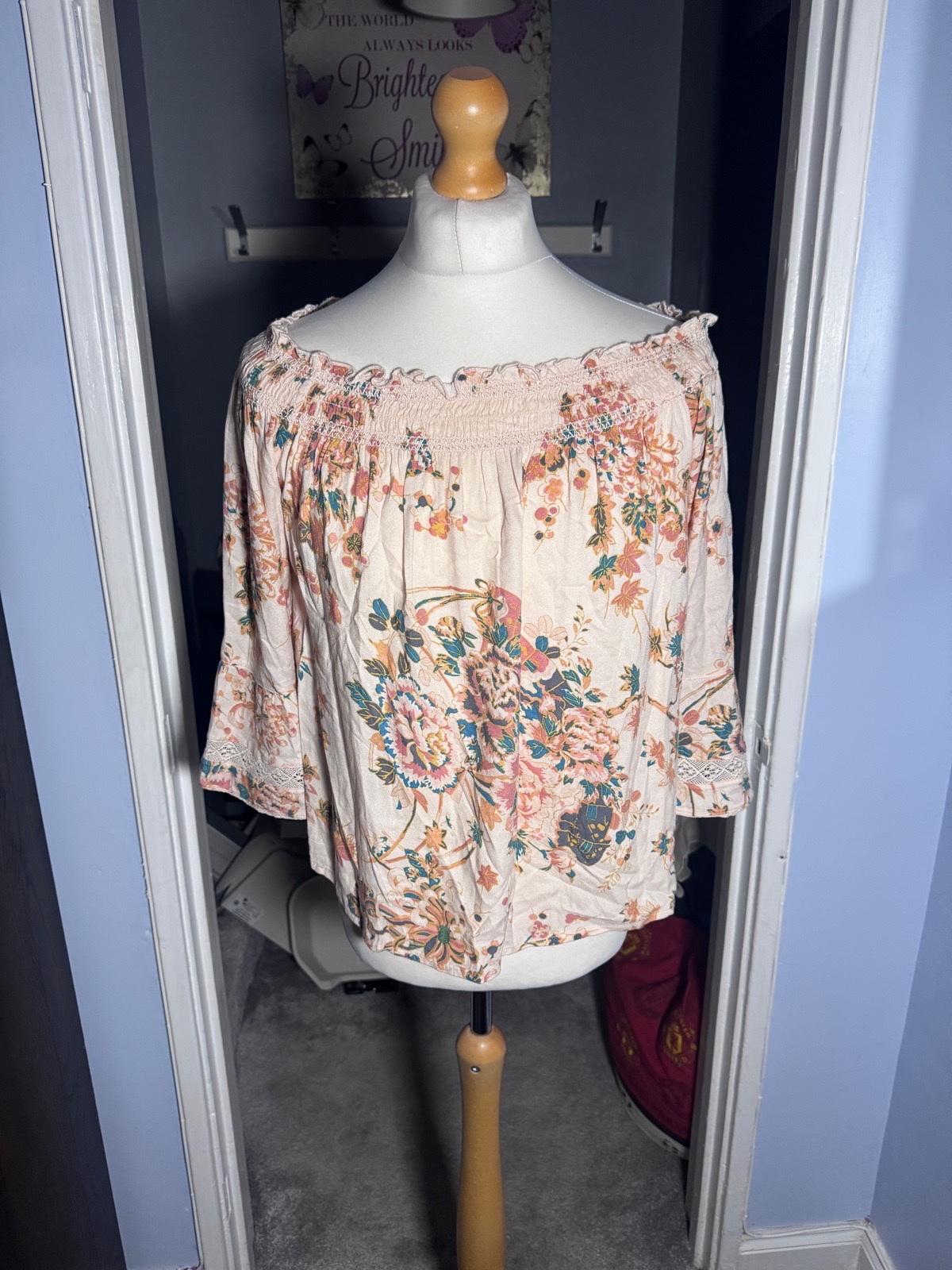 M&S Indigo Collection Cream Floral Bardot Blouse UK 10 Boho Lace