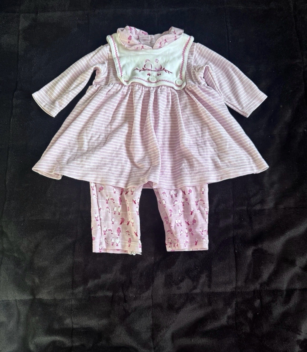 New Potatoes Baby Outfit Pink Bird Print 9 Months Cotton Dress & Leggings
