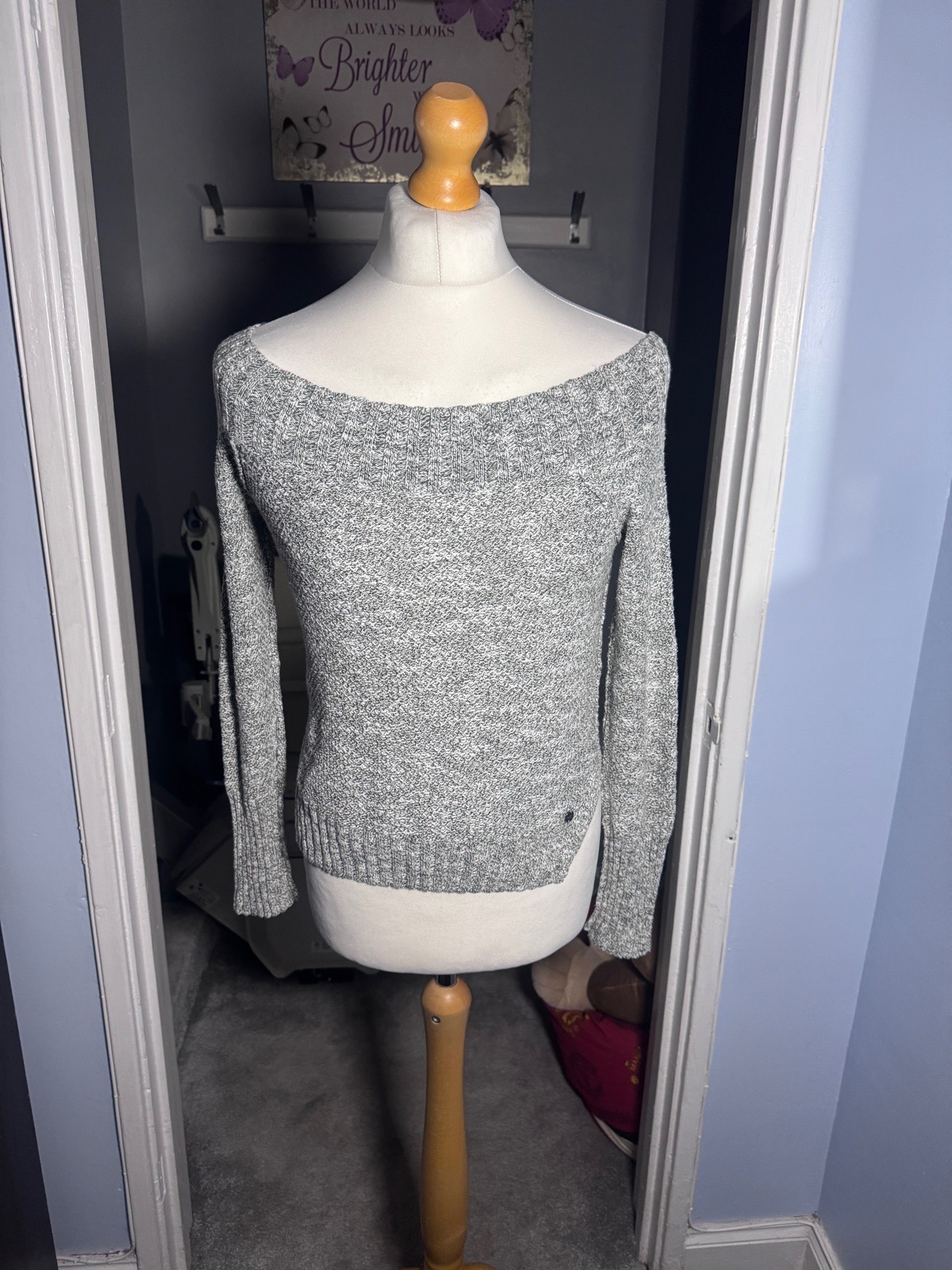 Hollister Grey Marl Bardot Jumper XS UK 6–8 Off Shoulder Cotton Knit