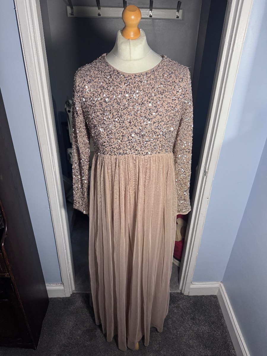 Maya Deluxe Maternity Maxi Dress Blush Pink UK 16 Sequin Long Sleeve Evening Party