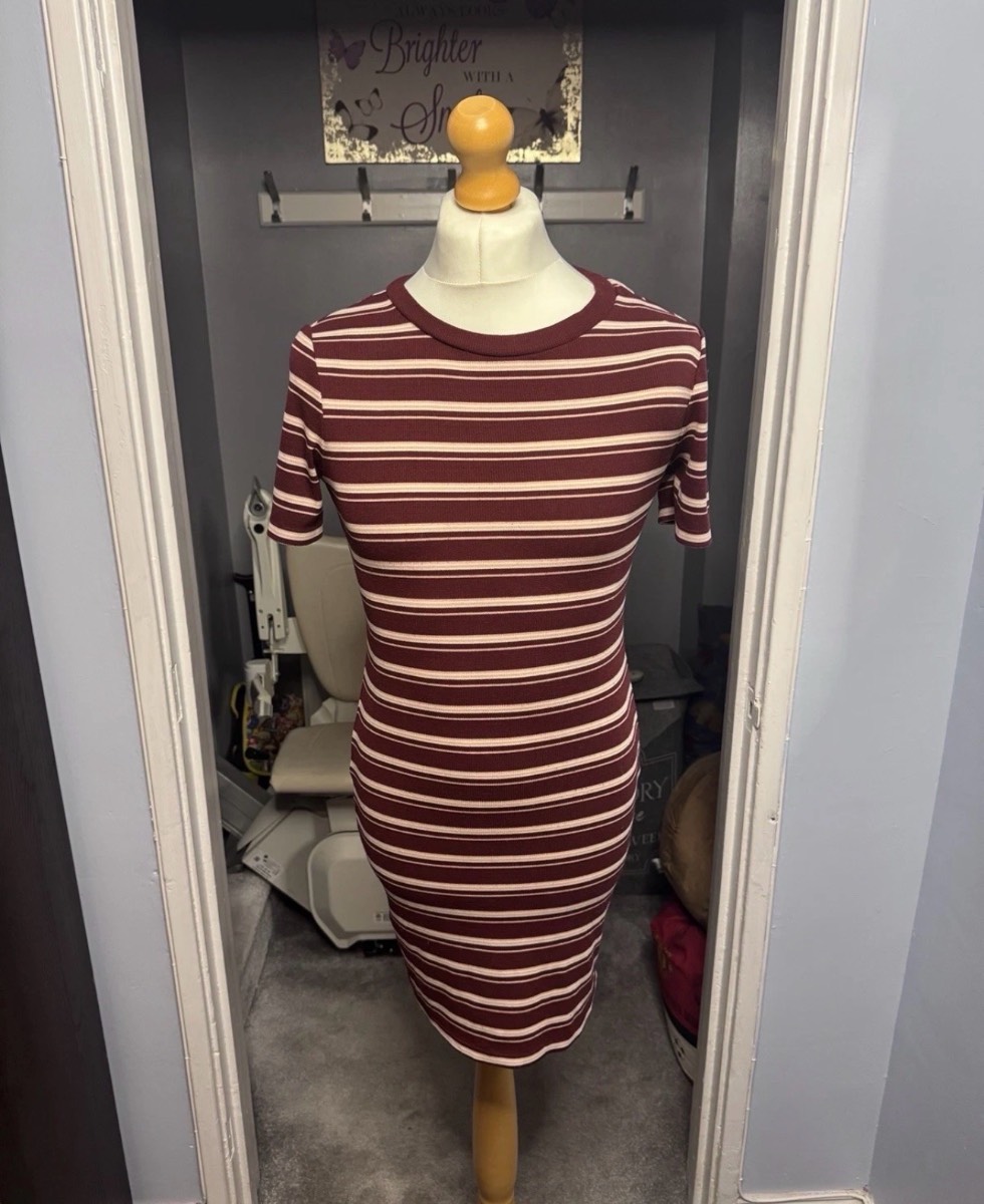 H&M Bodycon Midi Dress Burgundy Striped UK 14 Stretch Ribbed