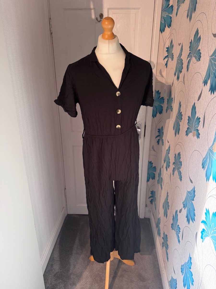 New Look Jumpsuit Black UK 12 Wide Leg Button Front Short Sleeve Viscose
