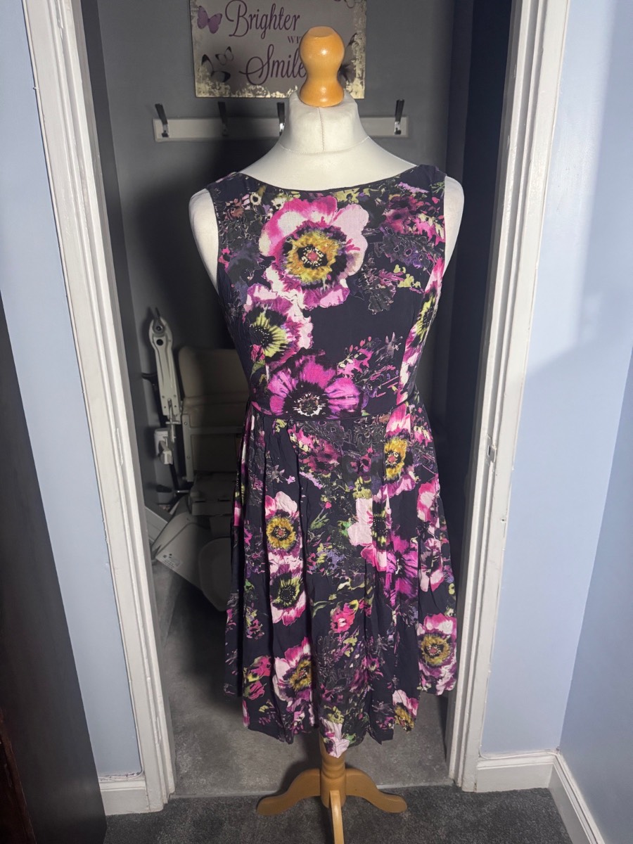 Monsoon Floral Fit & Flare Dress Purple Pink UK 12 Sleeveless Occasion Summer