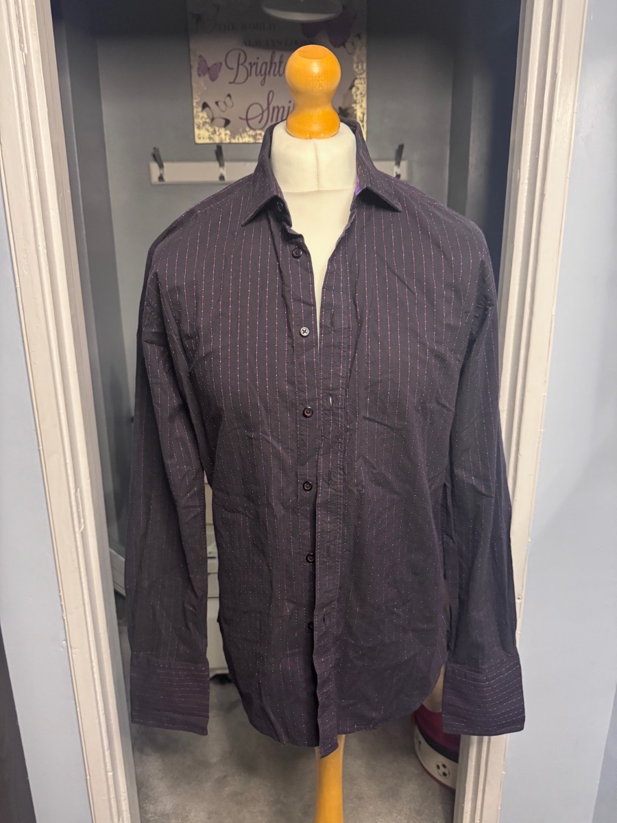 Ozwald Boateng Formal Shirt Black Purple Stripe 15.5” Collar Medium Long Sleeve Summer