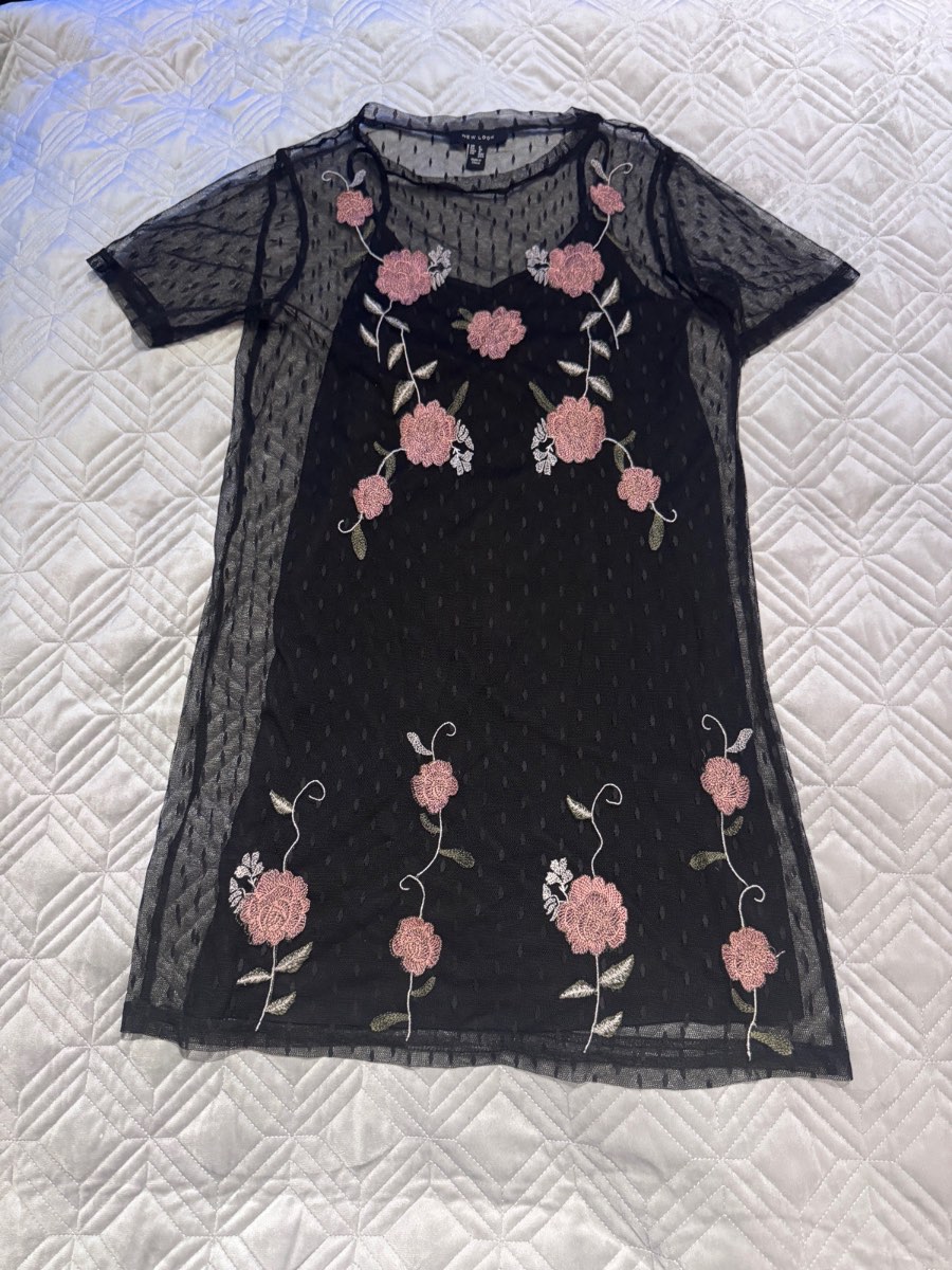 New Look Mini Dress Black UK 8 Embroidered Floral Mesh Sheer Short Sleeve