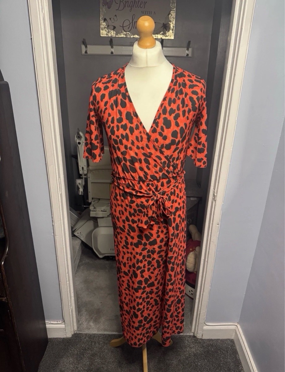 Quiz Jumpsuit Red Animal Print UK 8 (EU 36) Summer Wrap Style Wide Leg Belted