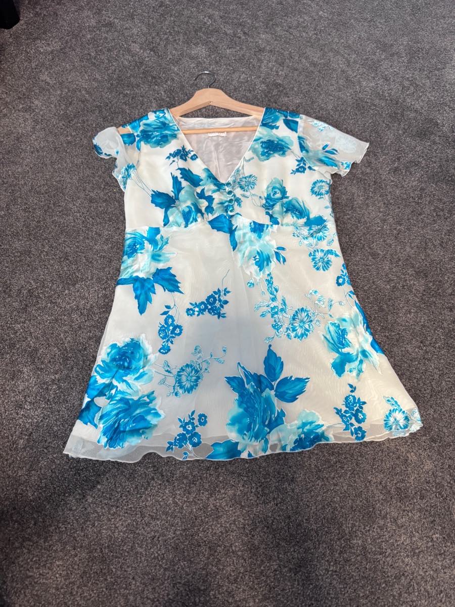 Roman Originals Floral Tunic Top Blue & White UK 12 Sheer Chiffon Summer