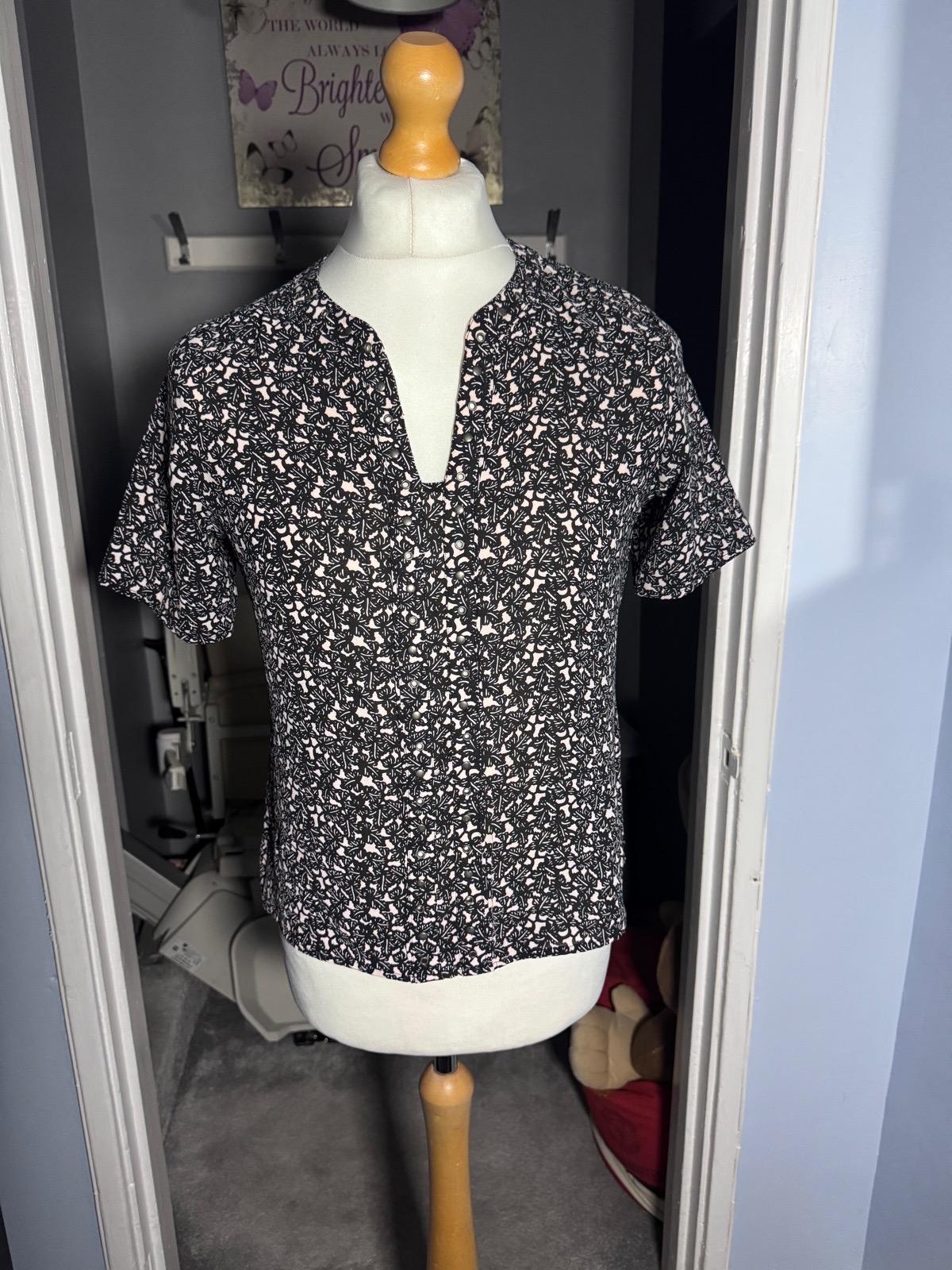 Maison Scotch Floral Blouse Top Black Cream Size 2 UK 10 Stud Detail Summer