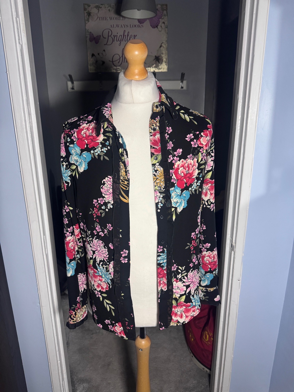 M&S Limited Edition Floral Shirt Black Mix UK 10 Button Front Blouse